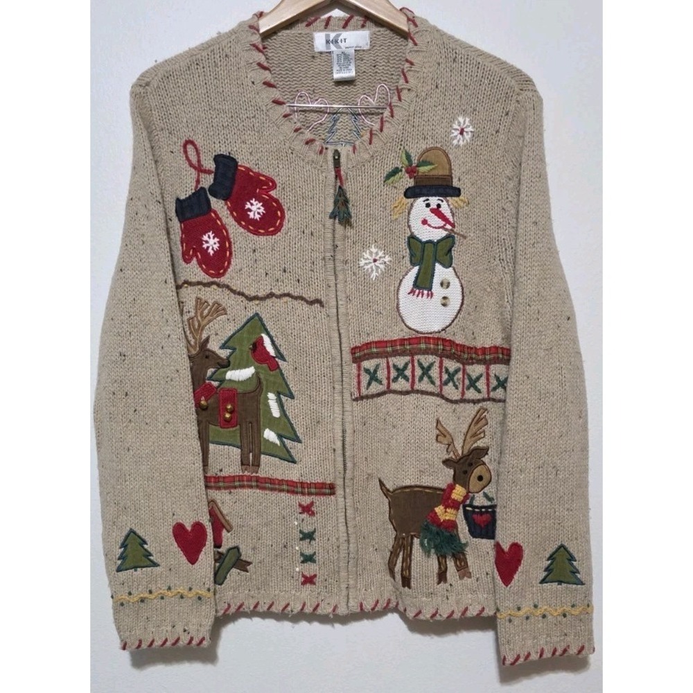 KIKIT Christmas Full Zip Cardigan Knitted Embroidered Women Sz‎ XL Holiday Wool